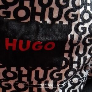 HUGO Black and White Allover Logo Tee with Red HUGO Accent